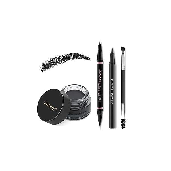 LAVONE Eyebrow Pencil Makeup Kit, with Waterproof 2-IN-1 Microblading Pen, Pomade, Eyeliner and Dual-ended Brush, Brow Kit for Natural Eyebrows - Dark Brown