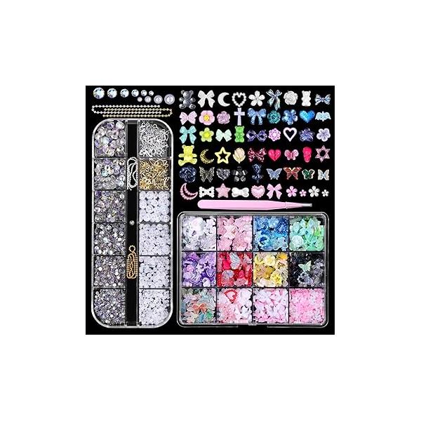3D Nail Charms Set, Color Flower Bow Moon Heart Star Art Charms, Half Round Pearl & Flatback Gems AB, Hollow Butterfly Alloy Supplies DIY Accessories