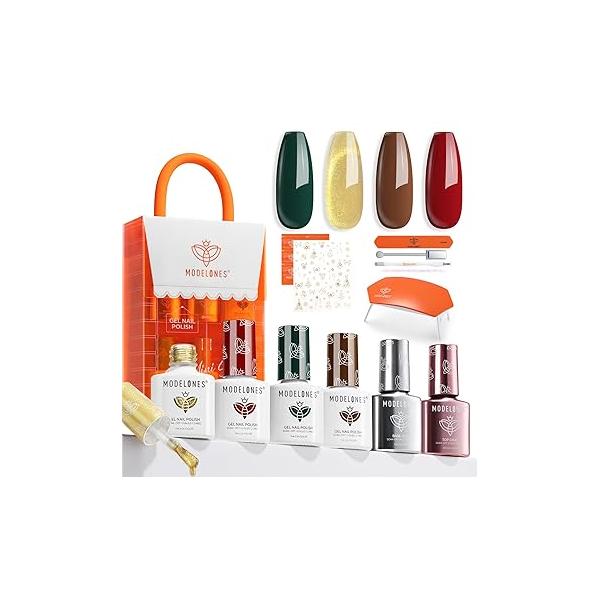modelones Gel Nail Polish Kit with U V Light, 4 Colors Mini Salon, Base&Top Coat and Stickers, Milky White Nude Pink Glitter Fall Manicure Set, DIY Home Art Decoration Kit, Gift for Women