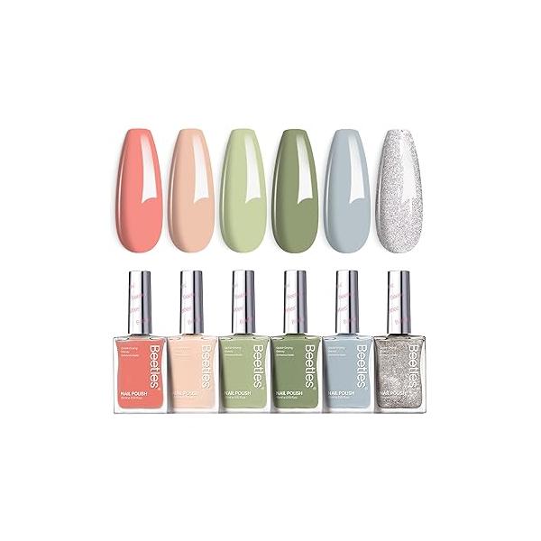 Beetles Glitter Nail Polish Set, 6 Color Silver Pink Gold Red Brown Black Quick Air Dry Natural Elegant Lacquer Manicure DIY Art Salon Gifts For Women