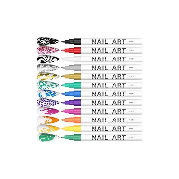 12 Color 3D Nail Art Pens Set, Kalolary 0.7mm Point Graffiti Dotting Pen Drawing Painting Liner Brush for DIY Beauty Adorn Manicure Tools