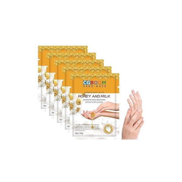 CGBOOM 5 Pairs Hand Masks Moisturizing Gloves, Skin Repair Renew Mask Infused Collagen, Vitamins + Natural Plant Extracts for Dry, Aging, Cracked Hands (Honey and Milk)