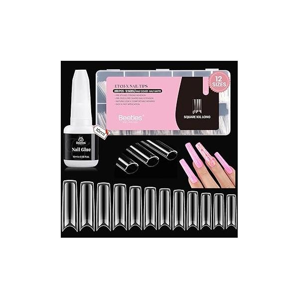 Beetles 288PCS No C Curve Nail Tips with 10ml Glue: Long Square Half Cover Clear Pre-Etched False Tips, 12 Sizes Extensions for Acrylic Nails, Professional DIY Manicure Kit