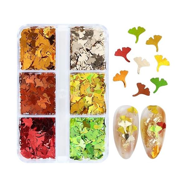 6 Girds Maple Leaf Nail Art Glitters Holographic Fall Sequins Autumn Thanksgiving Decorations Supplies Gel Polish Leaves Design Glitter Flakes Manicure Set