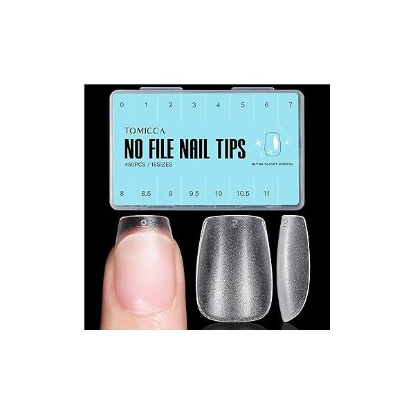 TOMICCA Extra Short Coffin Nail Tips, 450Pcs Full Cover Gel Tips for Extension Manicure, 15 Sizes Acrylic Pre-shaped Double-sided Matte Fake Nails with Box