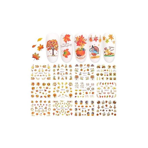 Fall Nail Stickers Autumn Maple Leaf Art Decals Thanksgiving Day Water Decal Transfer Slider Set Turkey Pumpkin Foil Supplies Accessories Decoration Manicure Tips 12 Design