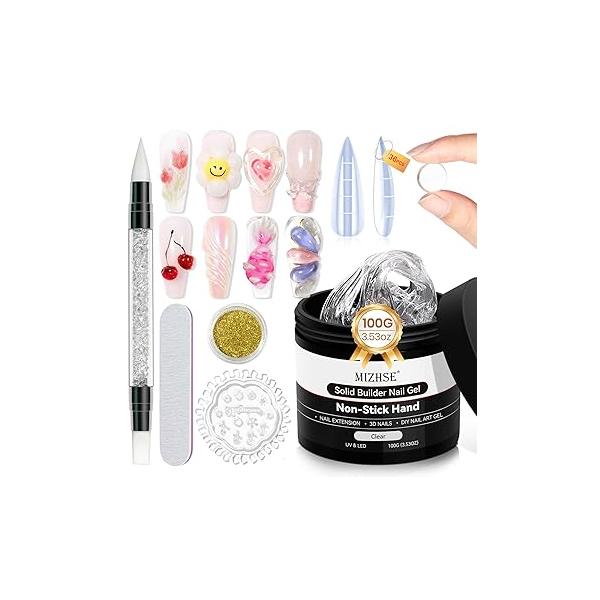 MIZHSE 100g Solid Builder Gel for Nails, Large Capacity Clear 3D Sculpting Non-sticky Hand Building Carving Modeling Hard Nail Extension with Silicone Mold Art Salon