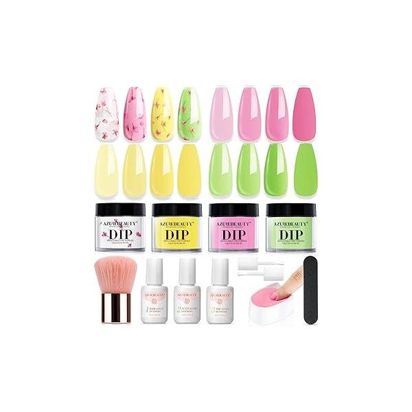 AZUREBEAUTY Dip Powder Nail Starter Kit White Mauve Glitter Champagne, Dipping 4 Colors Set, French Art Base Top Coat Activator Liquid Manicure DIY Salon 12 PCS