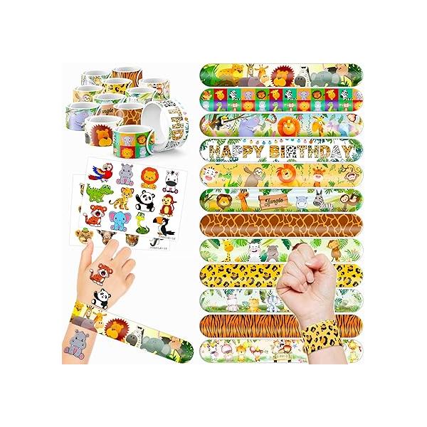 48PCS Jungle Party Set - 24PCS Temporary Tattoos & Slap Bracelets Safari-Themed Birthday Supplies, Baby Shower Gifts, Classroom Rewards Decor for Kids (Boys Girls)
