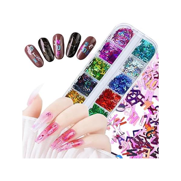 Holographic Nail Glitter Foils, 12 Colors Sparkly Ultra-Thin Aluminum Foil Art Flakes Design, Laser Sequins Acrylic Supplies for Women Girls Manicure Charms Decorations, DIY 3D Tips