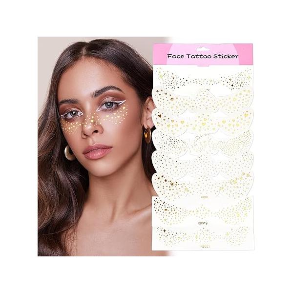 8Pcs Glitter Freckles Face Tattoo Gold Sparkle Speckles Patches Cute Waterproof Temporary Tattoos for Women Girls Stardust Beauty Makeup Accessories Music Party Holiday