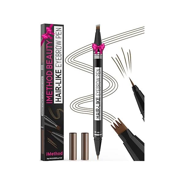 iMethod Microblading Eyebrow Pen - Pencil Magical 2-in-1 Dual-Ended Eye Brow Pencils for Women with 4-Fork-Tip & Precise Brush-Tip Create Natural Hair-Like Brows, Last All-Day, Light Brown