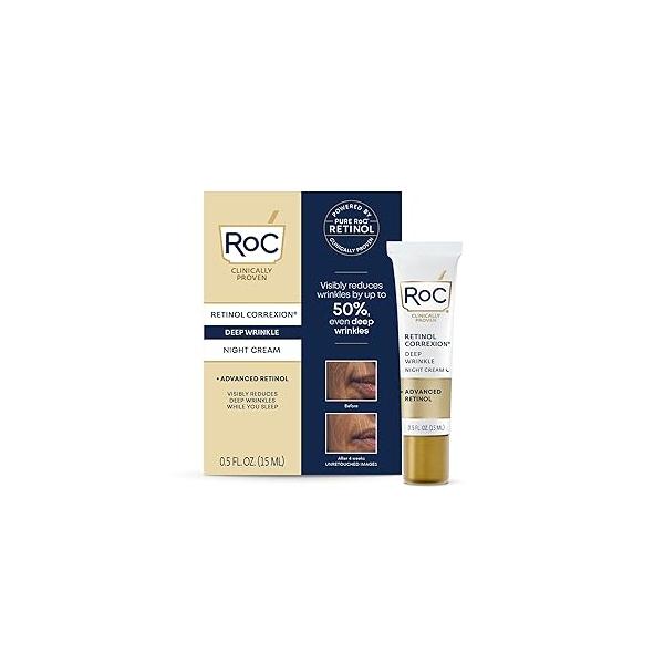 RoC Retinol Correxion Deep Wrinkle Anti-Aging Night Cream, Daily Face Moisturizer with Shea Butter, Glycolic Acid and Squalane, Skin Care Treatment, Mini 0.5 Ounces (Packaging May Vary)