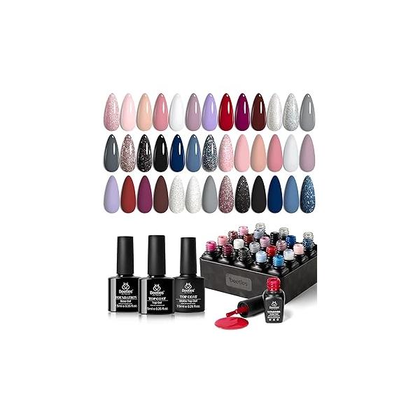 beetles Gel Polish Kit, Nude Gray Pink Blue Burgundy Glitter Set Modern Muse Collection with 3Pcs Base Matte Glossy Top Coat Soak off Uv for Women