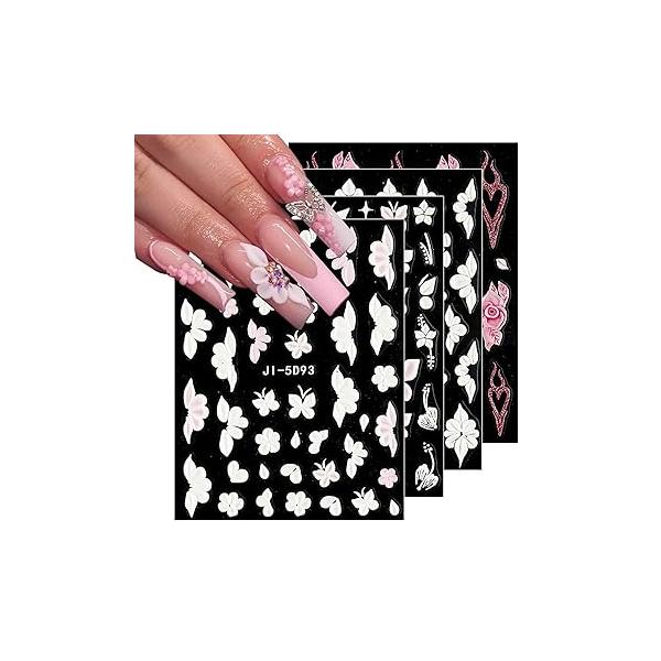 JMEOWIO 6 Sheets 3D Embossed Flower Butterfly Nail Art Stickers Decals Self-Adhesive Pegatinas Uñas 5D White Spring Floral Supplies Design Decoration Accessories
