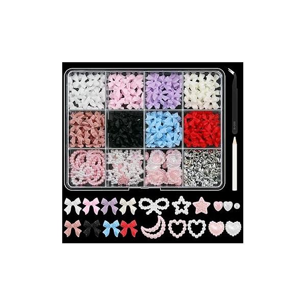 Artdone Nail Art Studs Kit, 12 grids 8 Colors 3D Charms and Pink Mix White Star Heart Moon Cute Jewels for DIY Decoration with Pickup Tools