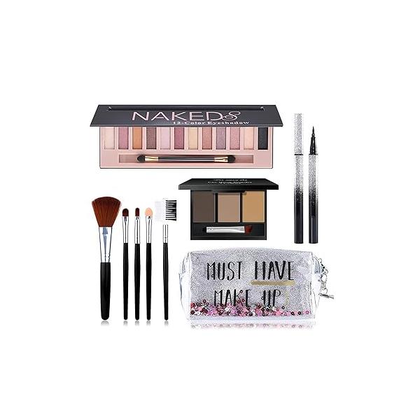 All in One Makeup Kit, Includes 12 Colors Naked Eyeshadow Palette, 5Pcs Brushes, Waterproof Eyeliner Pencils, Eyebrow Powder and Quicksand Cosmetic Bag, Gift Set for Women, Girls & Teens