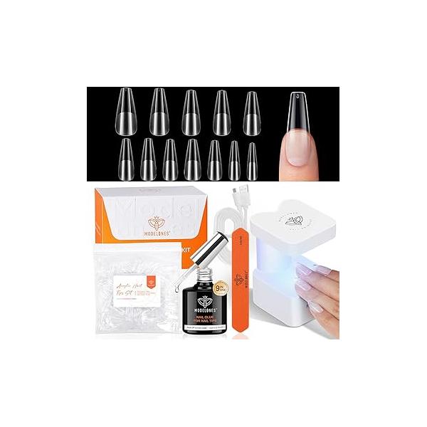 modelones Gel Nail Kit Short Almond Tips, 9-in-One Glue with Portable U V Lamp, 216Pcs 12Sizes Press On Acrylic False Nails Tip Extension DIY Art Gift for Women