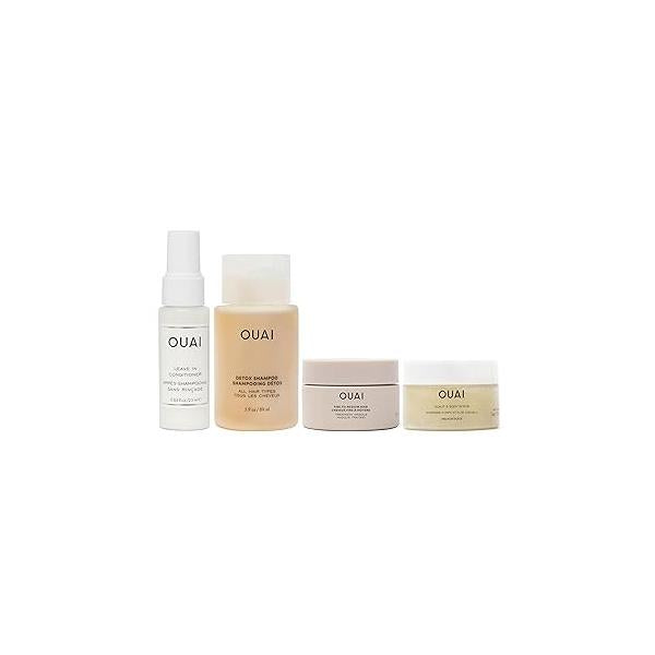 OUAI Travel Kit - Includes Size Leave In Conditioner, Detox Shampoo, Fine to Medium Hair Mask, Scalp & Body Scrub (4 Count)