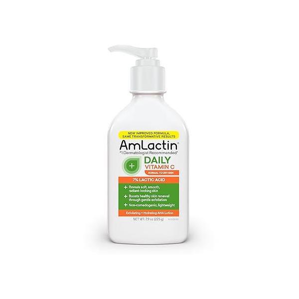 AmLactin Daily Vitamin C Lotion - 7.9 oz Body with 7% Lactic Acid Skin-Brightening Exfoliator and Moisturizer for Dry Skin
