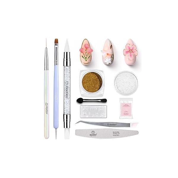 Beetles 3D Nail Art Brushes, Dual-ended Silicone Manicure Tool, Gold Chrome Powder, 15mm Liner Brush, Dotting Tool with Flowers Bowknot Mold, Pearls, for Design Carving Drawing Effect