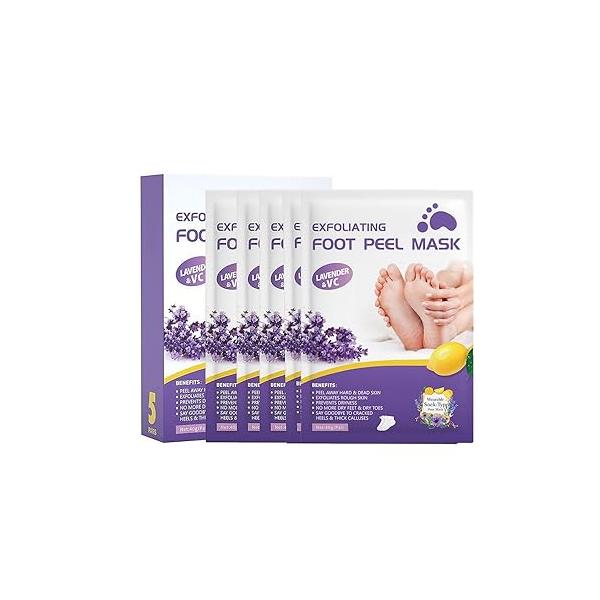 Foot Peel Mask (5 Pairs) Natural Exfoliator for Dry Dead Skin, Dry, Cracked Feet, Callus, Spa, Baby Soft Skin Made with Lavender Extract Women and Men Peeling Exfoliating