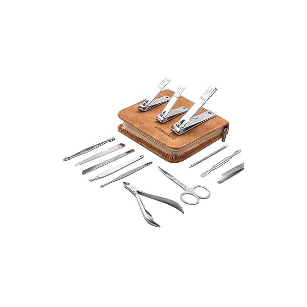 FAMILIFE Manicure Set, Nail Professional Kit Kits Clipper Sets, 13PCS Stainless Steel Pedicure Sets Mens Grooming Tool, with Brown Leather Travel Case for Men