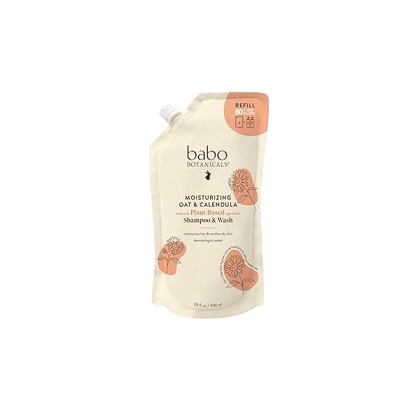Babo Botanicals Moisturizing Oat & Calendula 2-in-1 Shampoo Wash - for Dry or Sensitive Skin All Ages Lightly Scented Vegan Refill pouch 32 fl.oz.