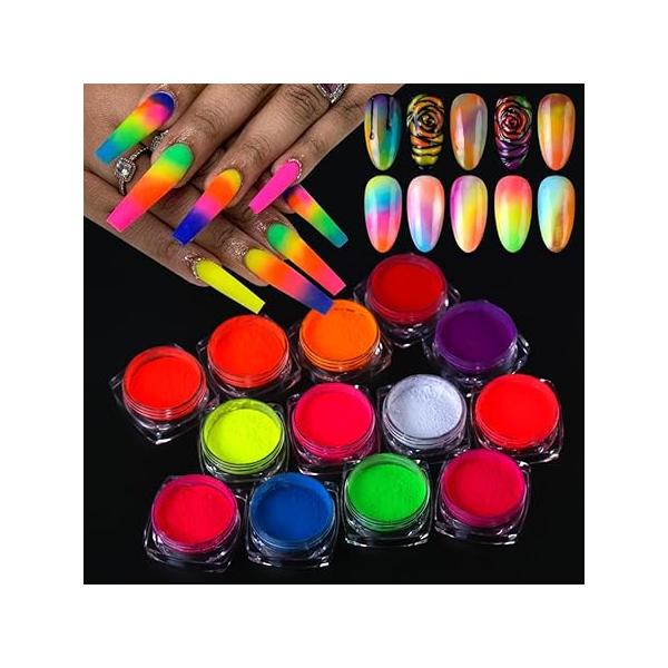 12 Colors Glow in The Dark Powder, Luminous Pigment Powder Fluorescent Neon Phosphor Glitter Dust for Gel Polish Nail Art Decoration, Resin Craft