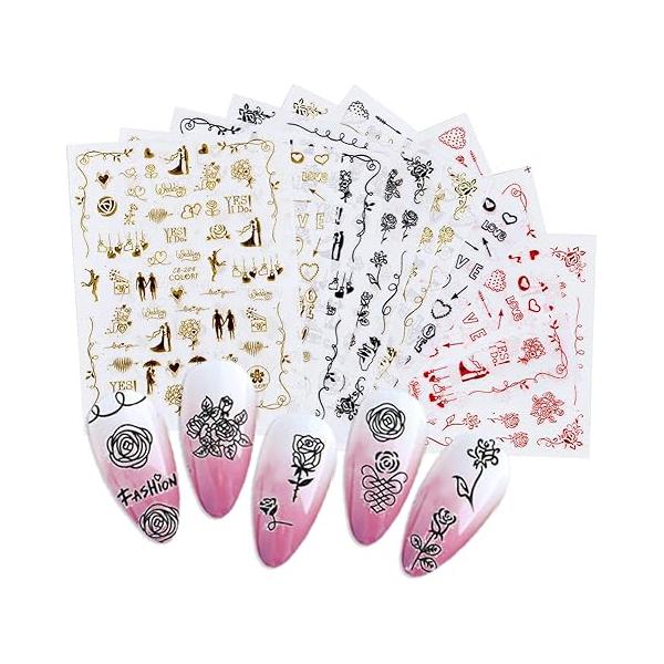 9 Sheets Valentine's Day Nail Art Stickers Valentines 3D Self-Adhesive Decals for Gel Nails Designs Gold Glitter Sticker Woman Girls Kids DIY Valentine’s Decorations