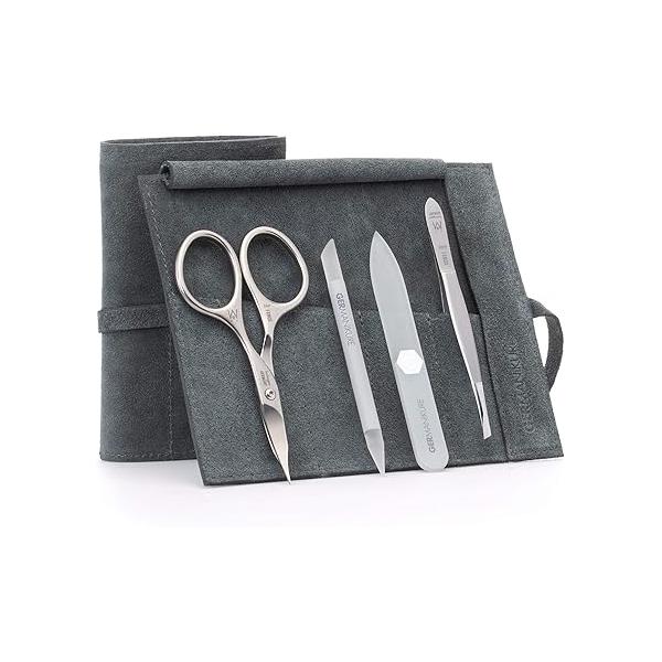 GERMANIKURE 4pc Mini Professional Manicure Set in Light Blue Suede Case - FINOX Stainless Steel Tools Made Solingen Germany, Glass Nail Care Supplies Czech Republic