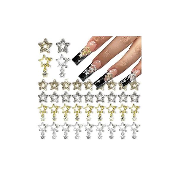 YECIRALA 40 Pcs Star Nail Charms for Acrylic Nails 3D Gold Silver Stars Rhinestones Gems Jewels Pentagram Cute Crystal Diamond Alloy Studs Art Supplies Makeup Crafts DIY