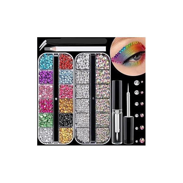 Colorful Face Gems for Makeup Set, Flatback Gorgeous Charming Shining AB Glass with Glue, Tweezer, Picker Pencil Eye Body Hair Make-up and Nail Art Deco