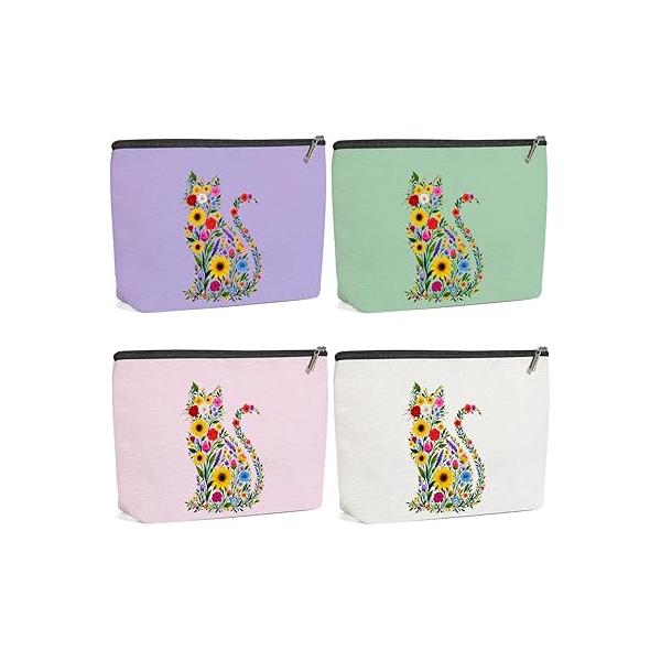 4 Pack Cute Wildflower Cat Gifts for Women Girls Nurse Doctor Sister Mom Makeup Bag,Travel Essentials Cosmetic Bags Women, Travel Toiletry Bag Birthday Graduation Christmas Vacation Day