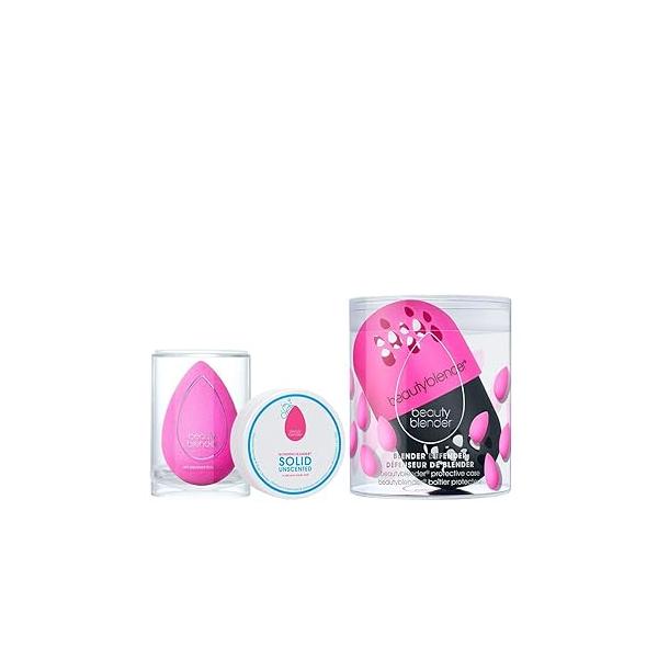 Beautyblender® | Original Pink Beauty Blender + Defender Case Solid Blendercleanser® Complete 3-Piece Bundle, for Blending Foundations, Travel & Unscented Cleanser, 1oz