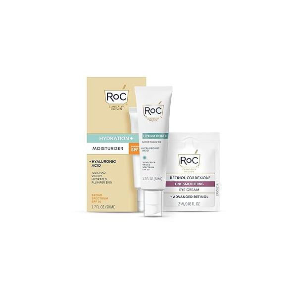 RoC Multi Correxion 1.5% Pure Hyaluronic Acid Anti Aging Daily Face Moisturizer with Broad Spectrum Sunscreen SPF 30 (1.7 oz) Retinol Eye Cream Packette (Packaging May Vary)