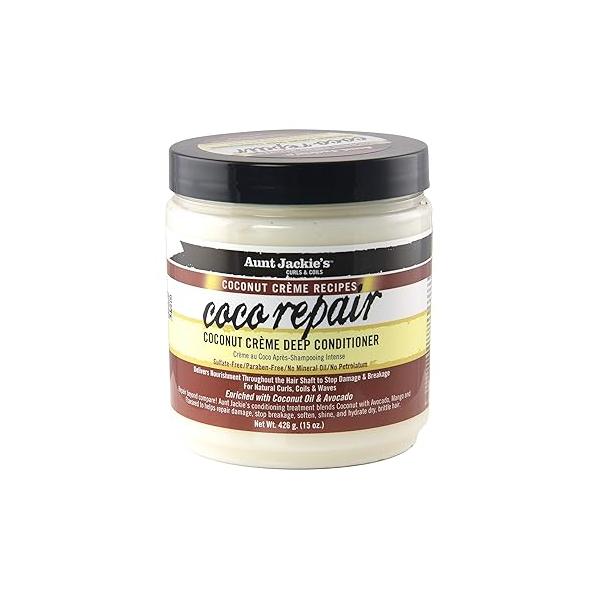 Aunt Jackie's Coconut Crème Recipes Coco Repair Deep Hair Conditioner, Delivers Nourishment, Stops Damage, Breakage for Natural Curls, 15 oz