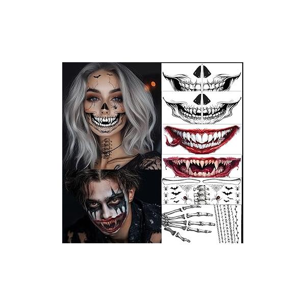 8Pcs Skeleton Face Tattoo Halloween Accessories，Halloween Tattoos Ghost Temporary Tattoo,Halloween Make Up Stickers Zombie Makeup Kit (A-8 skeleton face tattoo)