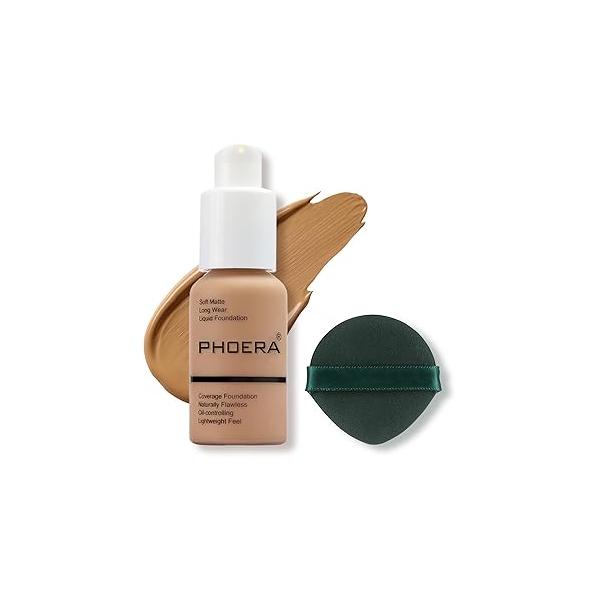 PHOERA Foundation Makeup, Flawless Soft Matte Oil Control Liquid Foundation, Full Coverage Mattle Oil-Control Concealer for Older Women, Great Choice For Gift (#102 Nude)