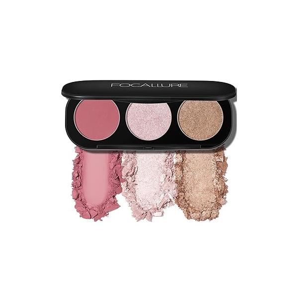 FOCALLURE Blush and Highlighter Palette,3 in 1 Contour Palette,Cruelty-Free Matte Bronzer Powder,Shimmer Illuminator Highlighters for a Glowing Look,#10