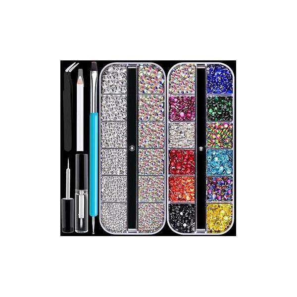Colorful Face Gems for Makeup Set, Flatback Gorgeous Charming Shining AB Glass with Glue, Tweezer, Picker Pencil Eye Body Hair Make-up and Nail Art Deco