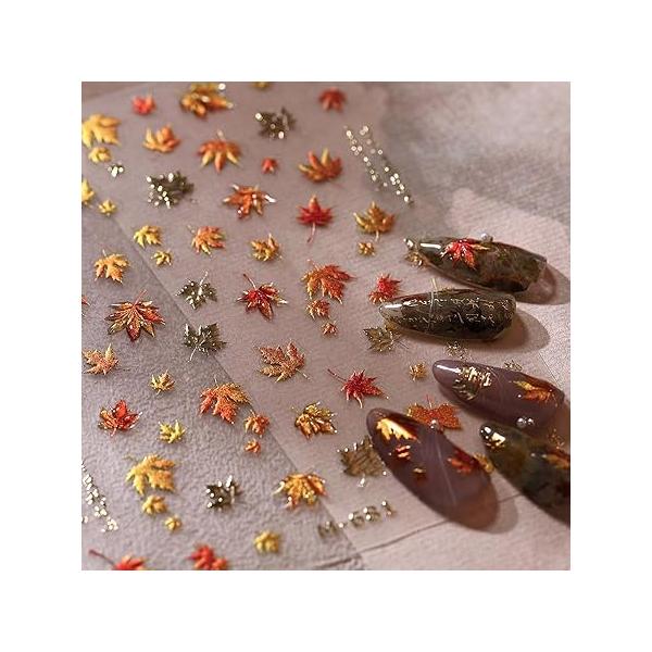 Fall Nail Art Stickers 5D Embossed Autumn Maple Leaves Decals for Yellow Orange Leaf Decoration Thanksgiving Self-Adhesive Supplies Accessories 1Pcs