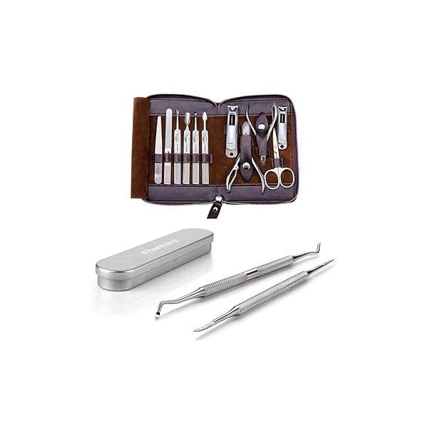 FAMILIFE 100% Stainless Steel Ingrown Toenail File Sided with Storage Case and 11 in 1 Manicure Set Box