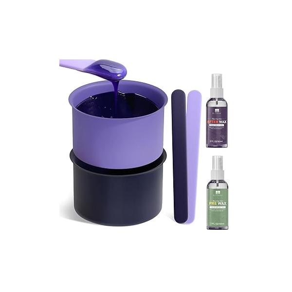 BLITZWAX 2pcs Silicone Wax Pot Liners for Hair Removal, Purple Warmer Bowls Kit with Sticks Women and Men Body Waxing, Reusable Easy to Clean Accessories, Compatible 16 oz Waxing