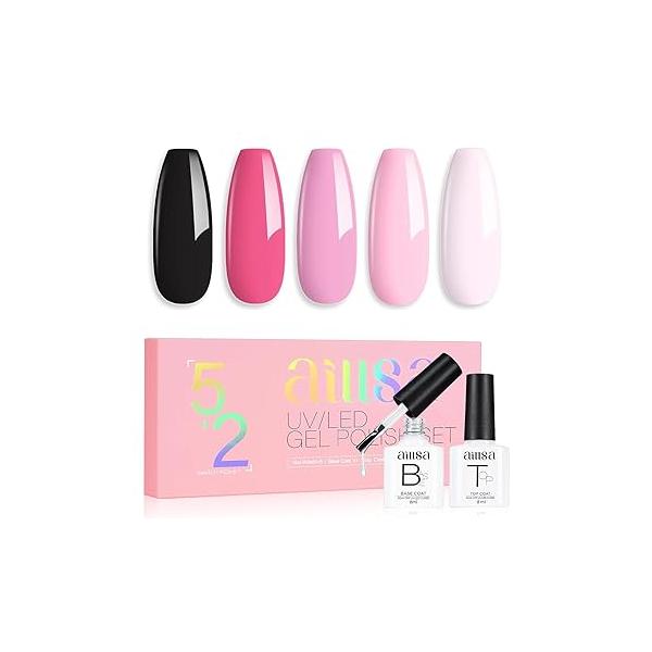 AILLSA Nude Pink Gel Nail Polish Set - White, Red, Milky Neutral Translucent with Base and Top Coat 5+2 Kit Bright Wedding Color Jelly Soak Off U V Manicure Salon DIY at Home