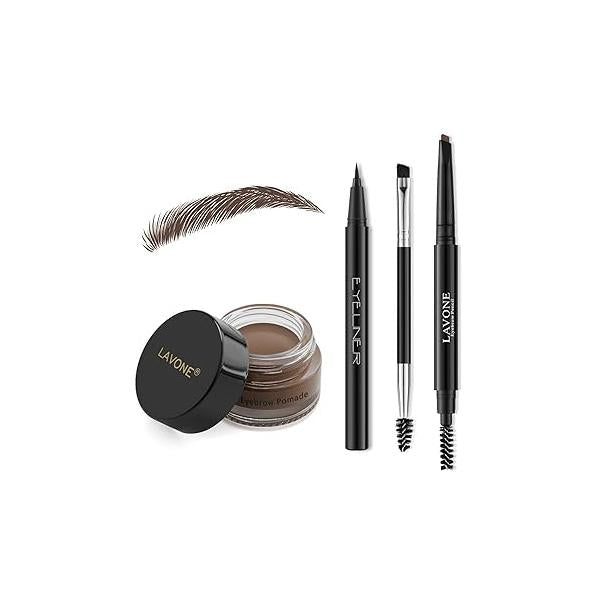 LAVONE Eyebrow Stamp Pencil Kit for Eyebrows Makeup, with Waterproof Pencil, Eyeliner, Pomade, and Dual-ended Brush - Dark Brown