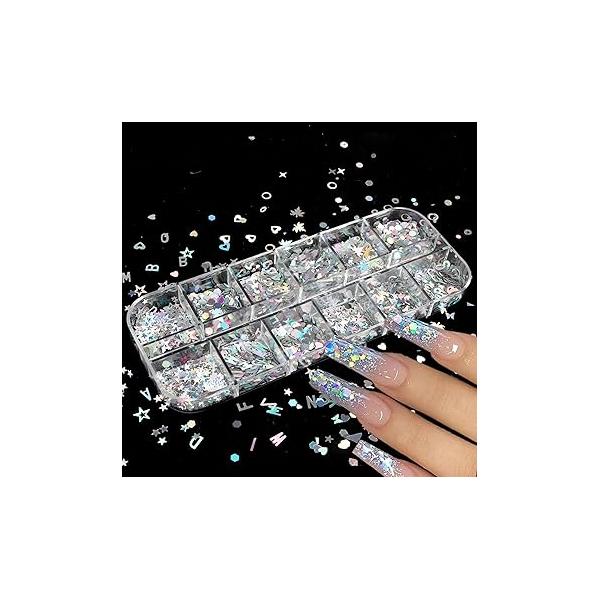 Holographic Nail Glitter Sequins 3D Laser Sliver Glitters Decor Art Accessories Letters Heart Stars Circle Butterfly Flakes Designs Nails Decorations for Women Decorative