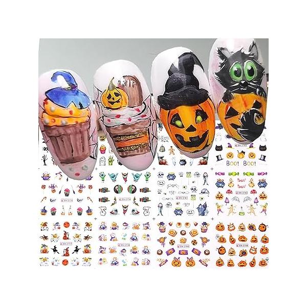 Halloween Nail Stickers for Art, Water Transfer Decals Pumpkin Bat Spider Witch Ghost Designs, Cute Bear Sliders Supplies Women Decorations