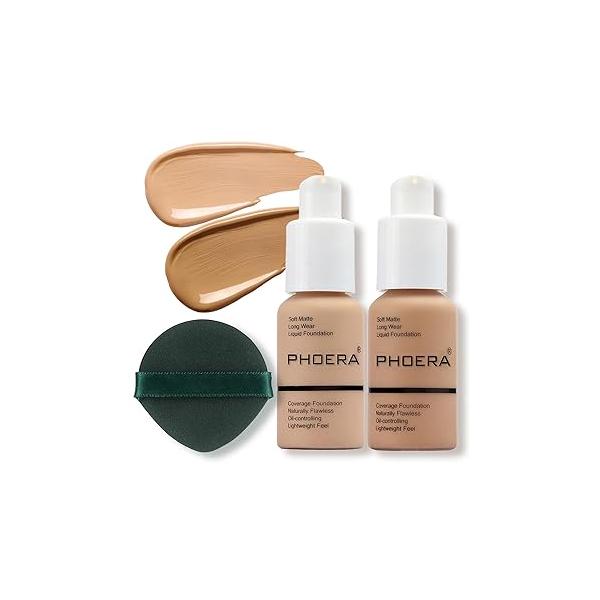 PHOERA Foundation Makeup, Flawless Soft Matte Oil Control Liquid Foundation, Full Coverage Mattle Oil-Control Concealer for Older Women, Great Choice For Gift (#102 Nude)