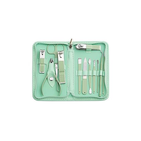Nail Kit, Manicure Care Kit For Women, Pedicure Set, Clippers Toenail Professional Green Travel Case, Set of 12.